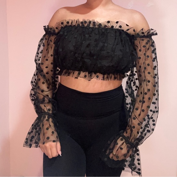 MAJORELLE Tops - MAJORELLE Black Sheer Polka Dot Crop Top